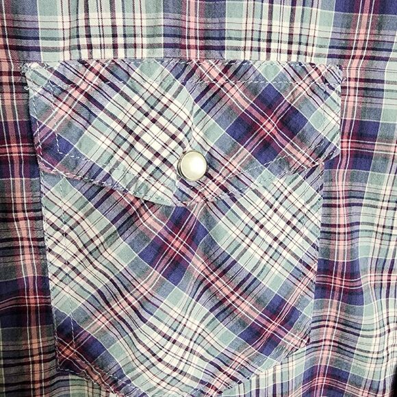 Real Work Wear Men Shirt Size XL Pearl Snap Green Blue Plaid Short Sleeve Pocket - Picture 6 of 9